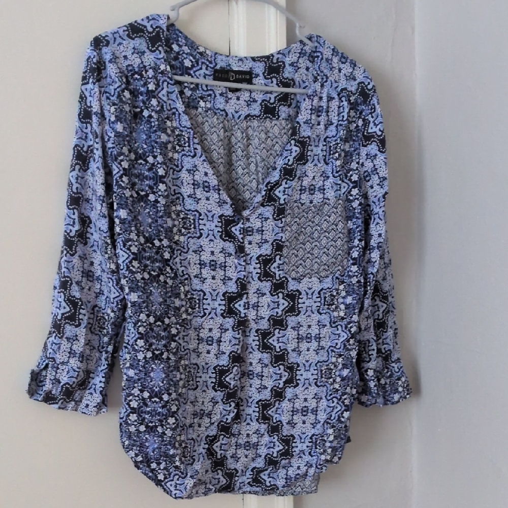 Fred David Blue and‎ Black Geometric Blouse